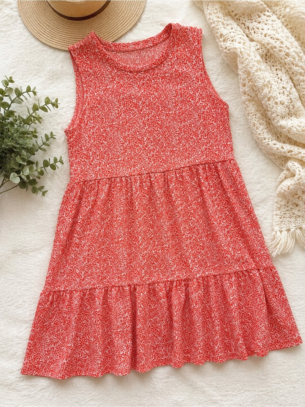 Banana Republic Coral Red & White Printed Tiered Dress Size M